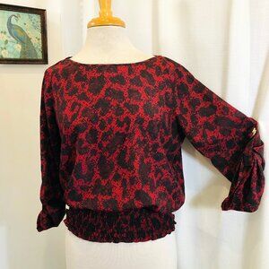 Michael Michael Kors Black and Red Print Top with Smocked Waist